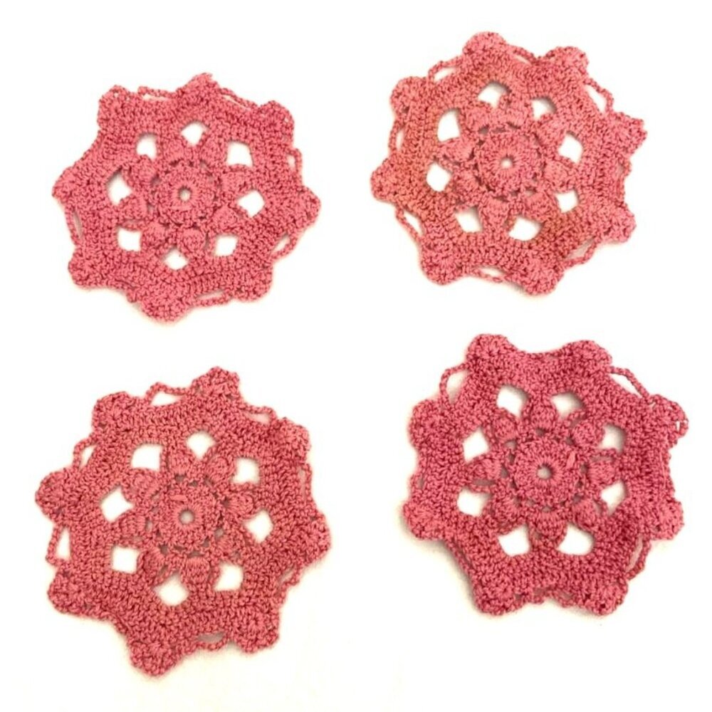 Vintage Hand Crochet Doilies Coasters Lot of 4 Round Lace Flower Rose Pink 4" D